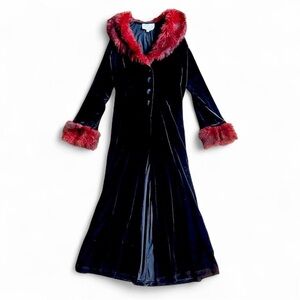 90s goth black velvet maxi duster cardigan with red faux fur collar sleeve trim